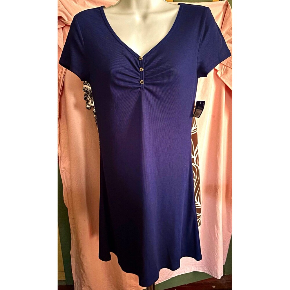NWT Arizona Jean Co Size Small Women’s Navy Ribbed Ruched V-Neck Dress 30” Bust